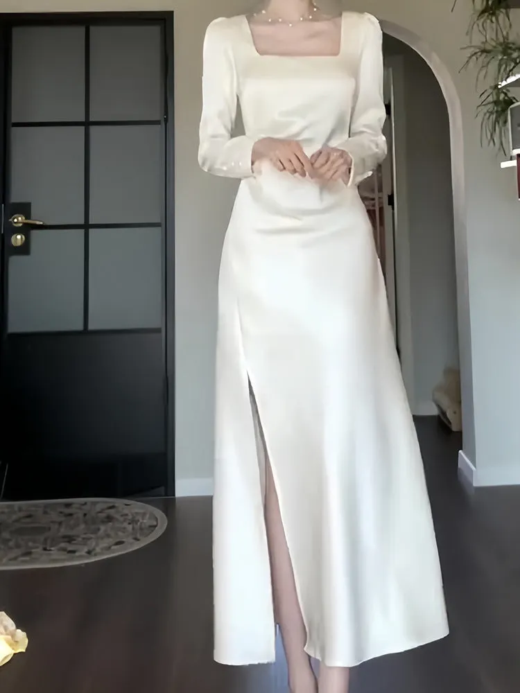 dunnmall White Dress  New Toast Dress Long Sleeve Engagement Dress Women's Satin Collar Dress